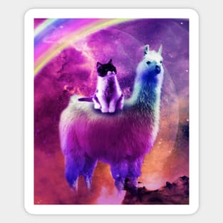 Kitty Cat Riding On Rainbow Llama In Space Sticker